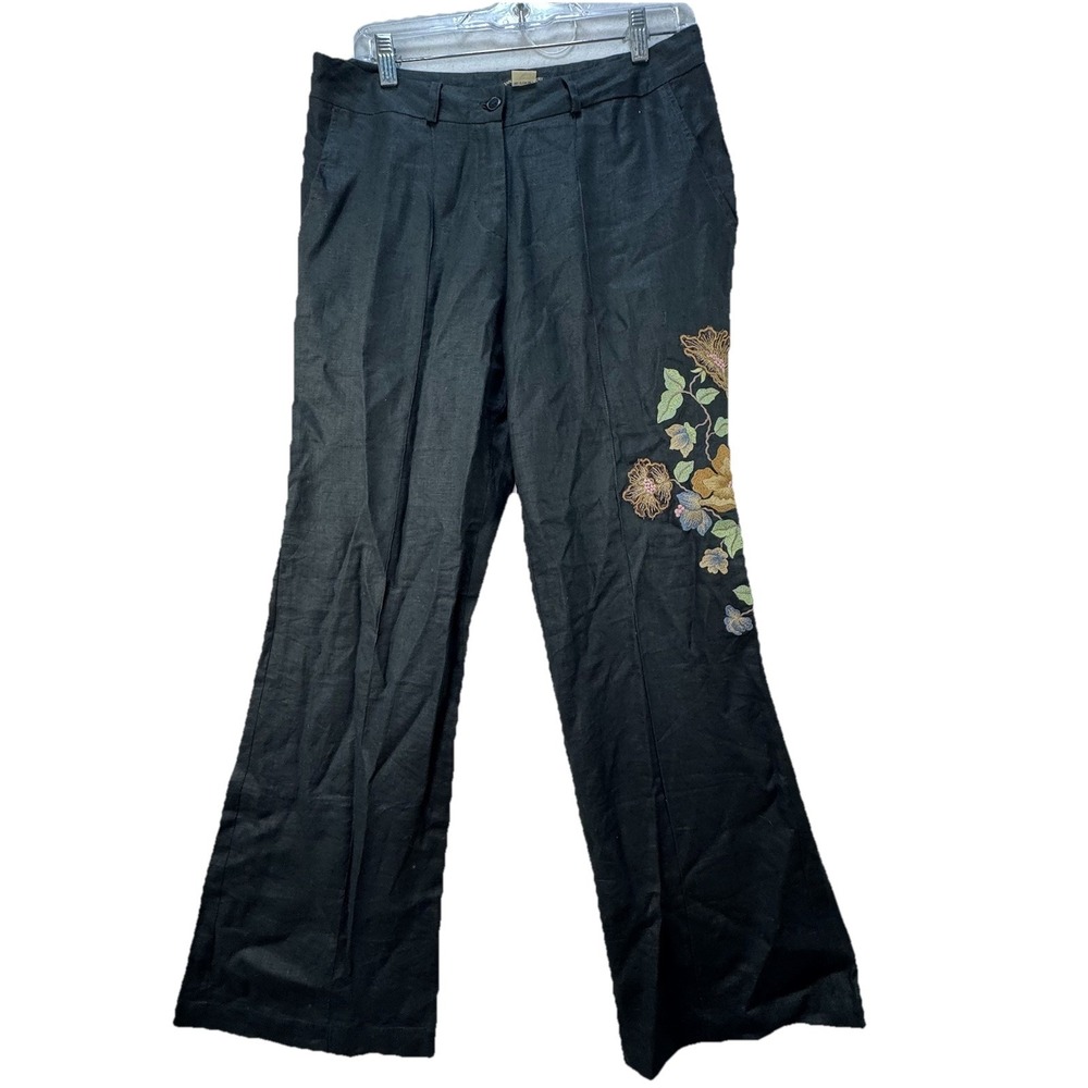 Anna Bui Gallery 100% Linen Embroidered Flare Pants Women's XL Boho Peasant